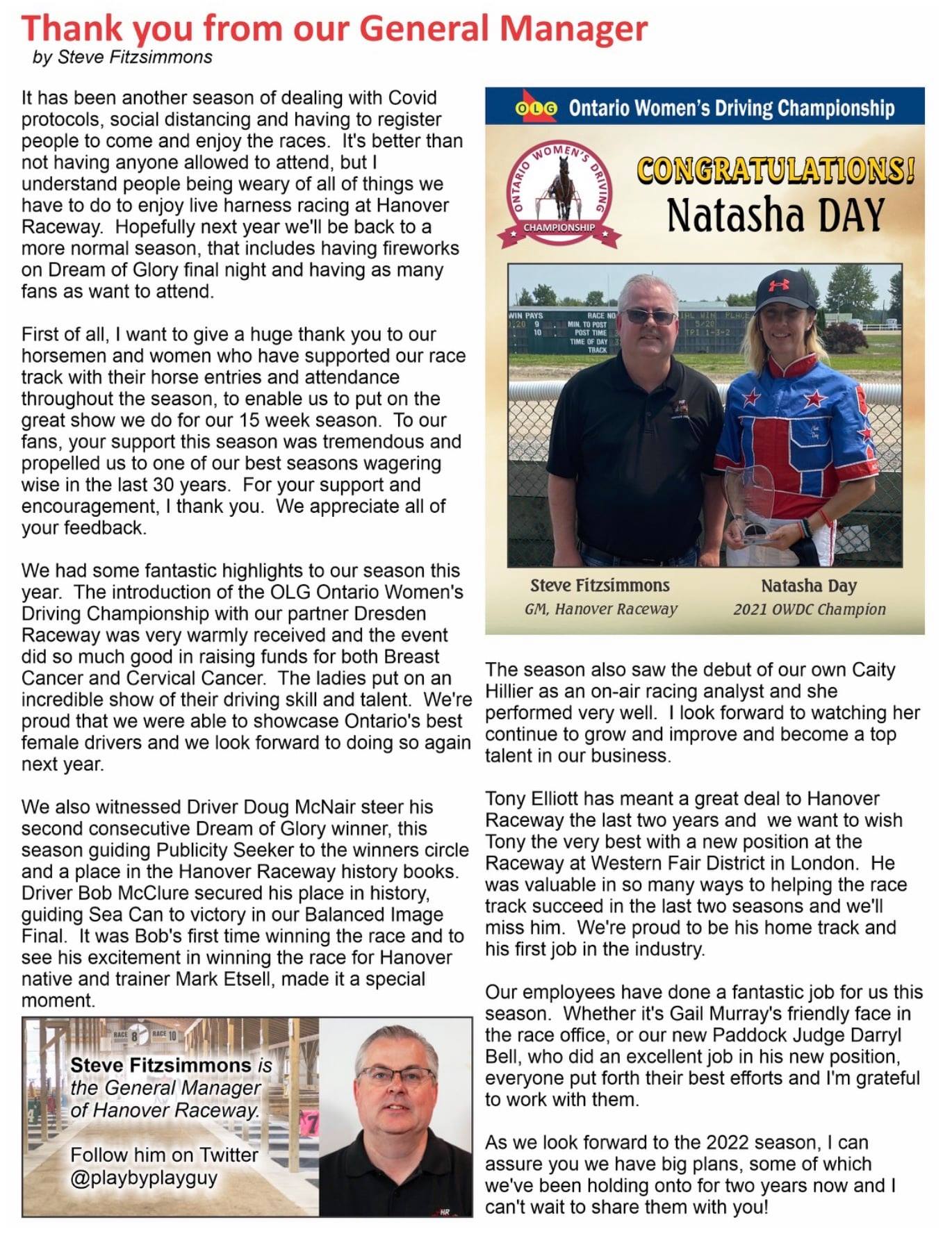 Hanover Raceway - A message from our General Manager Steve... | Facebook