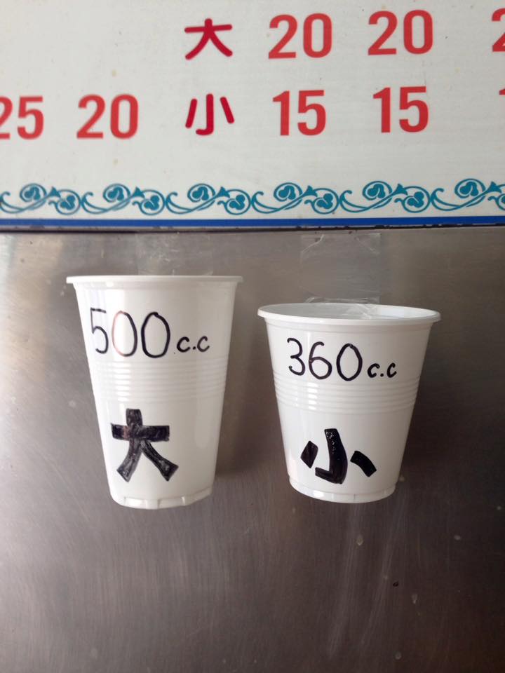 桃園聖保祿之傳統早餐店 店 你好 請問要什麼 客 豆漿一杯 店 請問要大杯還是小杯 客 中杯 店 嗯 只有大跟小哦 有鑑於此 今天貼上大小杯的實際範例在價格表下 讓各位客人更清楚要怎麼選擇 豆漿 米漿 紅茶大杯 500cc 20元小杯