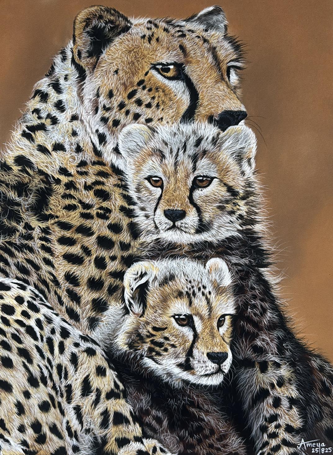 絵画　ラビンドラ(Rabindra)のLEOPARDECO Signed 1976 vintage wildlife artwork by Rabindra featuring two