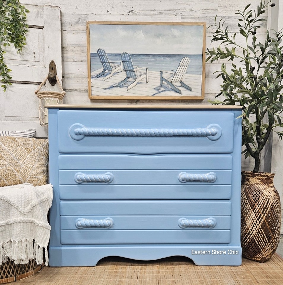 Coastal dresser makeover with driftwood finish