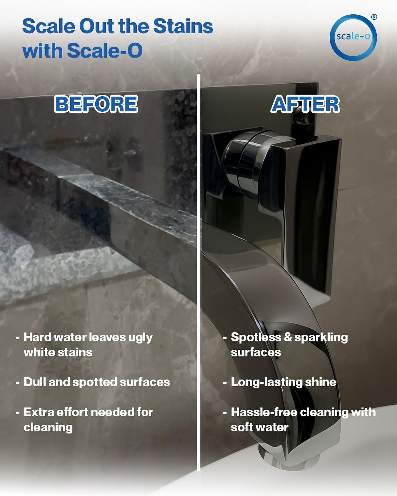 Scale-O - 🚰 Tired of scrubbing away stubborn white stains?... | Facebook