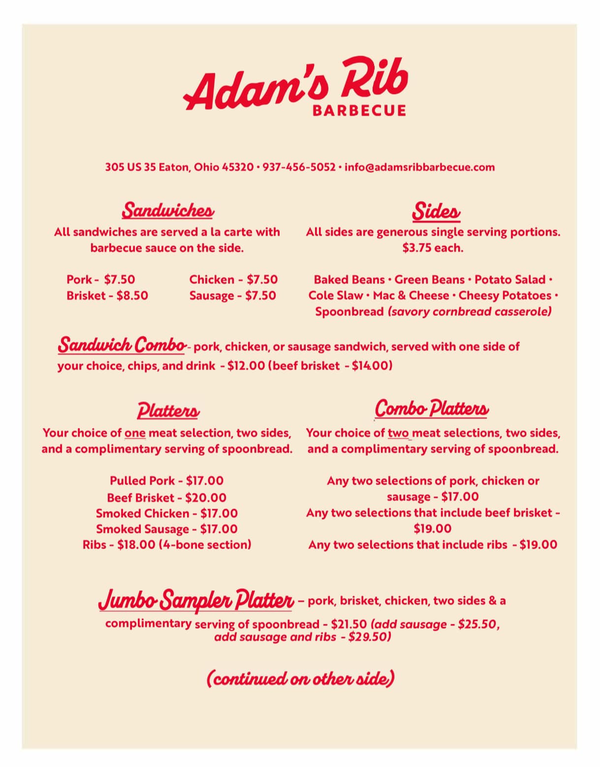 Our menu! - Adam's Rib Barbecue | Facebook