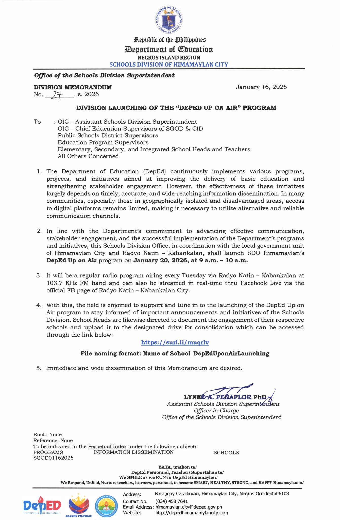 DepEd - DIVISION MEMORANDUM NO. 27, S. 2026 DIVISION LAUNCHING OF THE ...