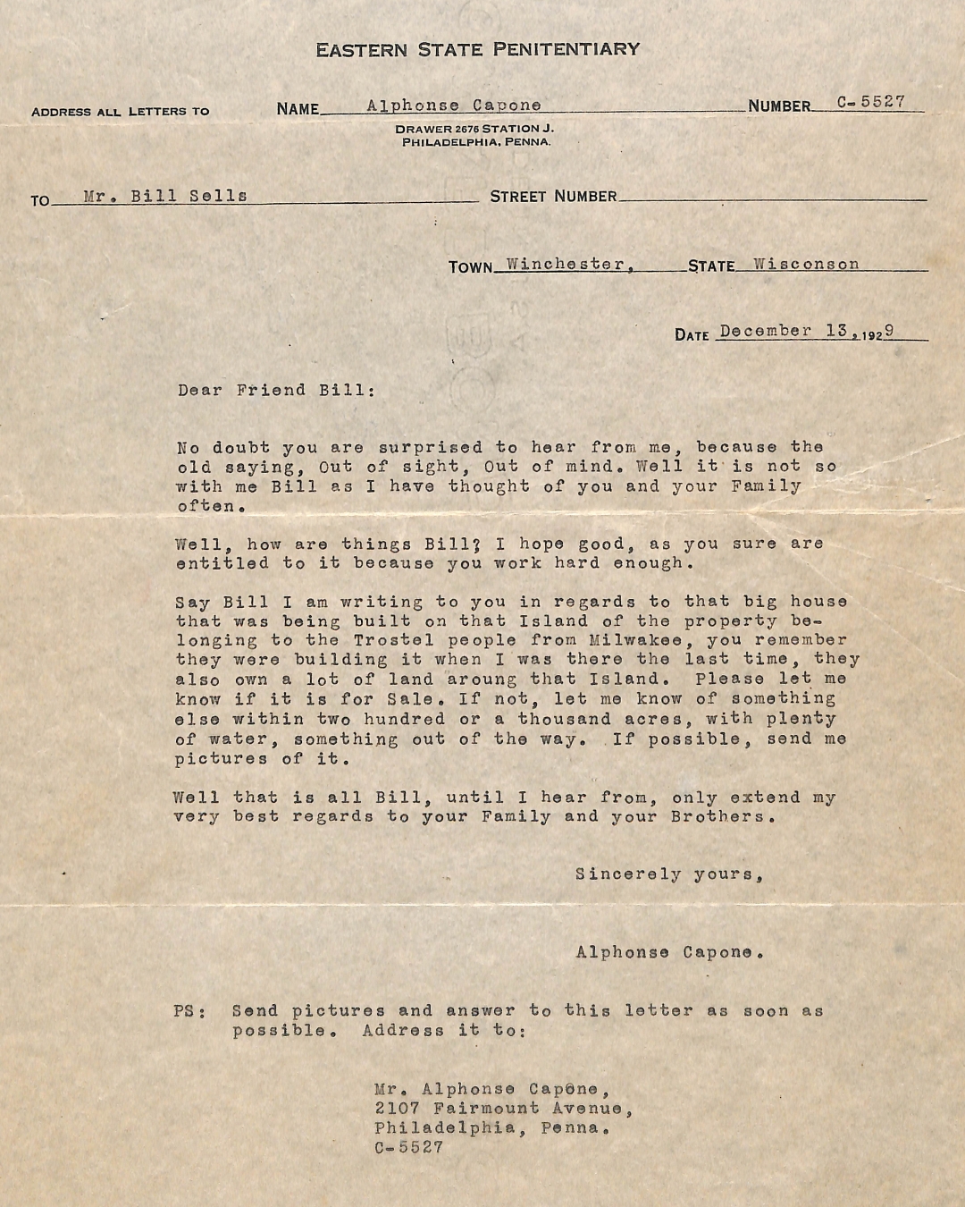 The Mob - On Dec. 13, 1929, Al Capone wrote a letter to Bill Sells ...