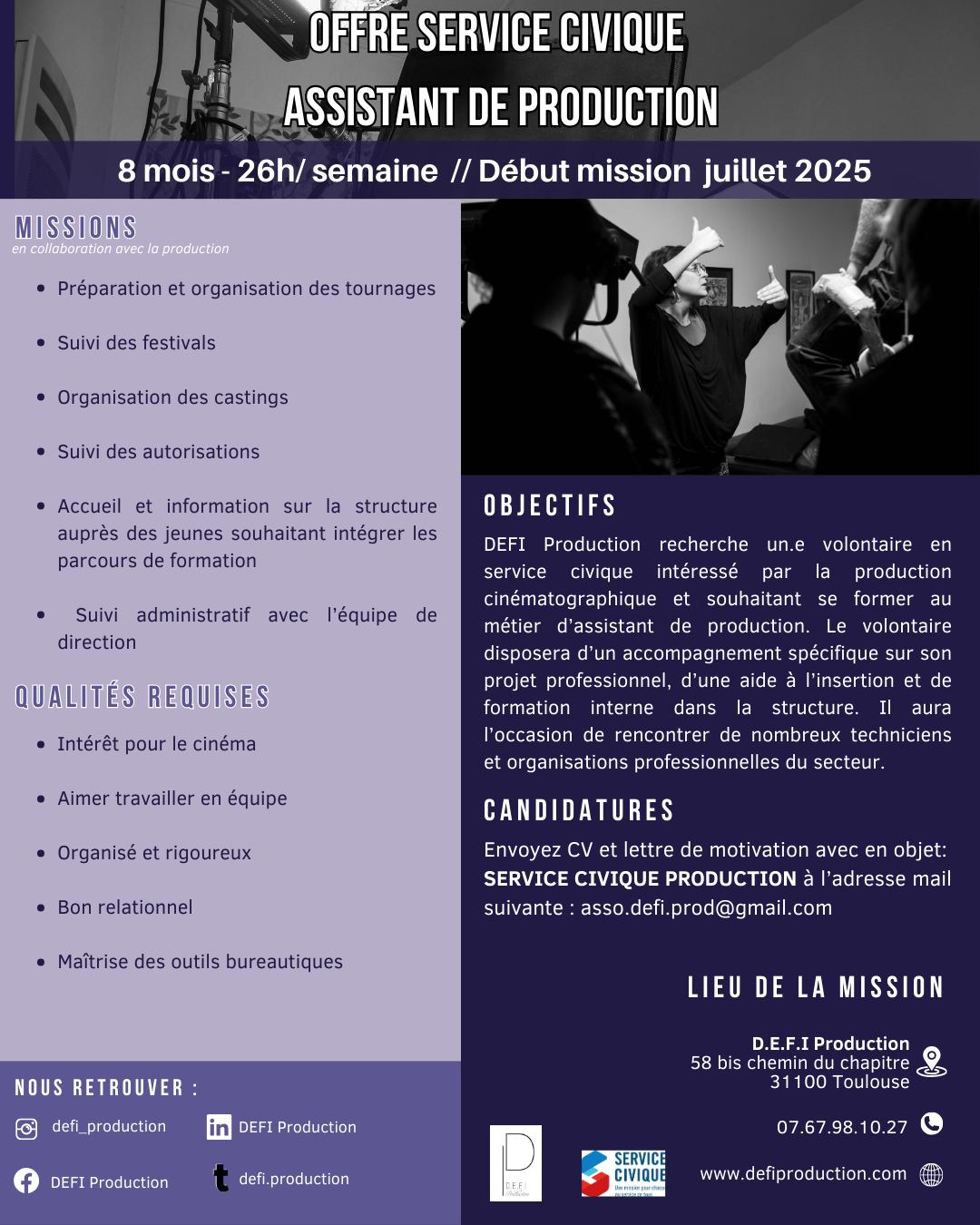 DEFI Production - • OFFRE SERVICE CIVIQUE ASSISTANT DE... | Facebook