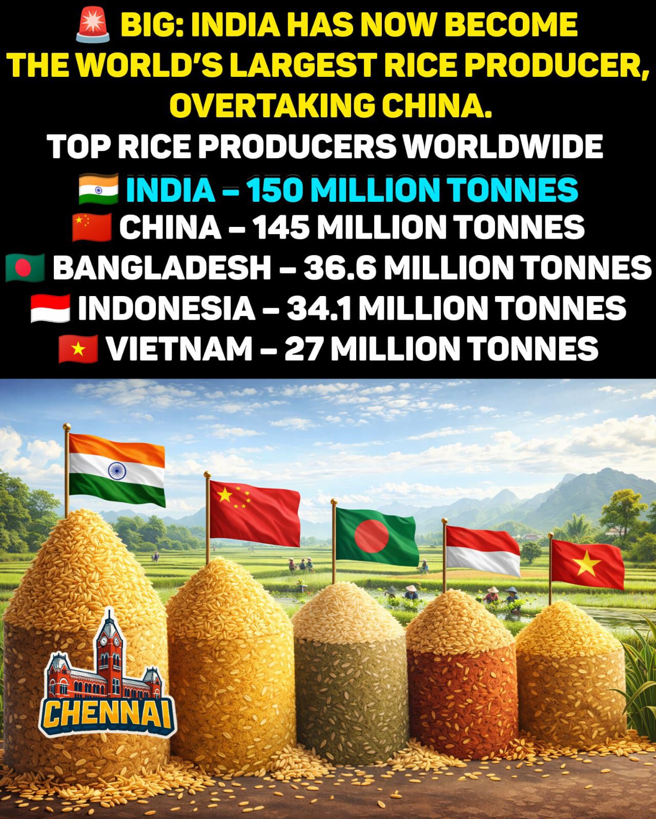 Chennai - 🚨 BIG UPDATE 🌾🔥 India has now become the world’s largest rice ...