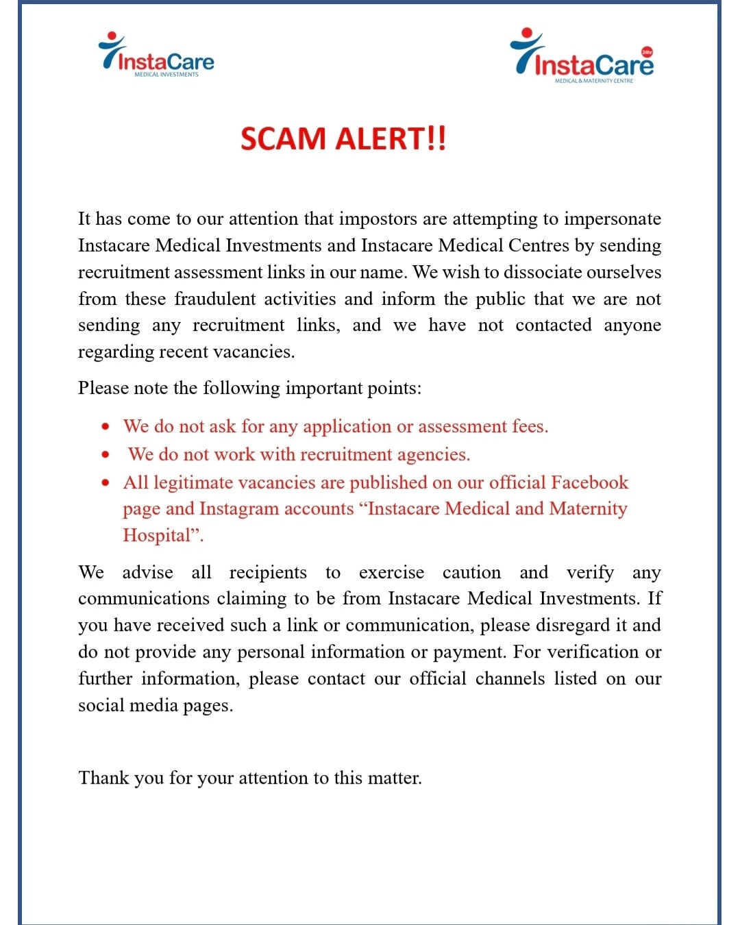 Scam Alert!!! - InstaCare Medical and Maternity Hospital | Facebook