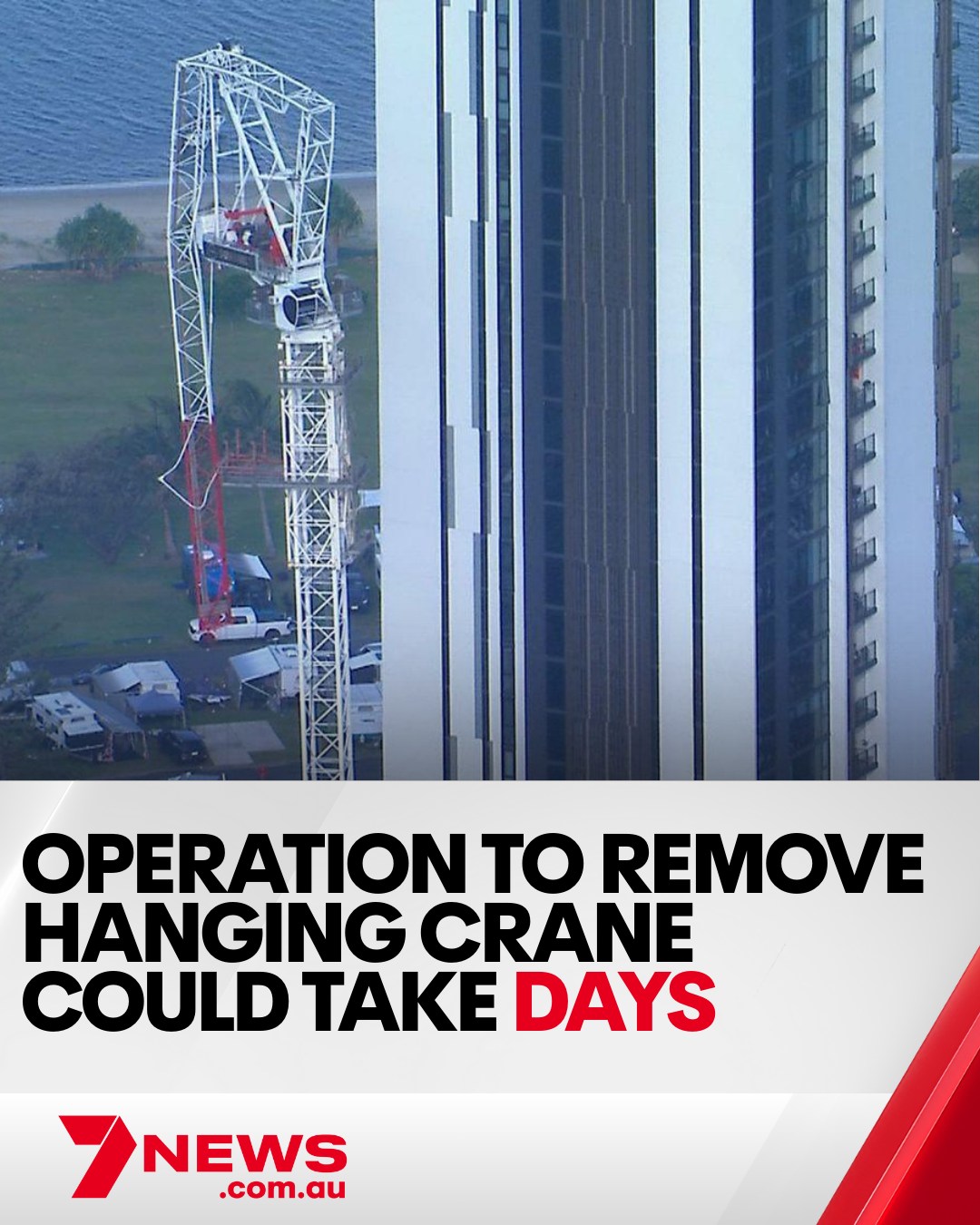7NEWS - A snapped crane left dangling above a caravan park has forced ...