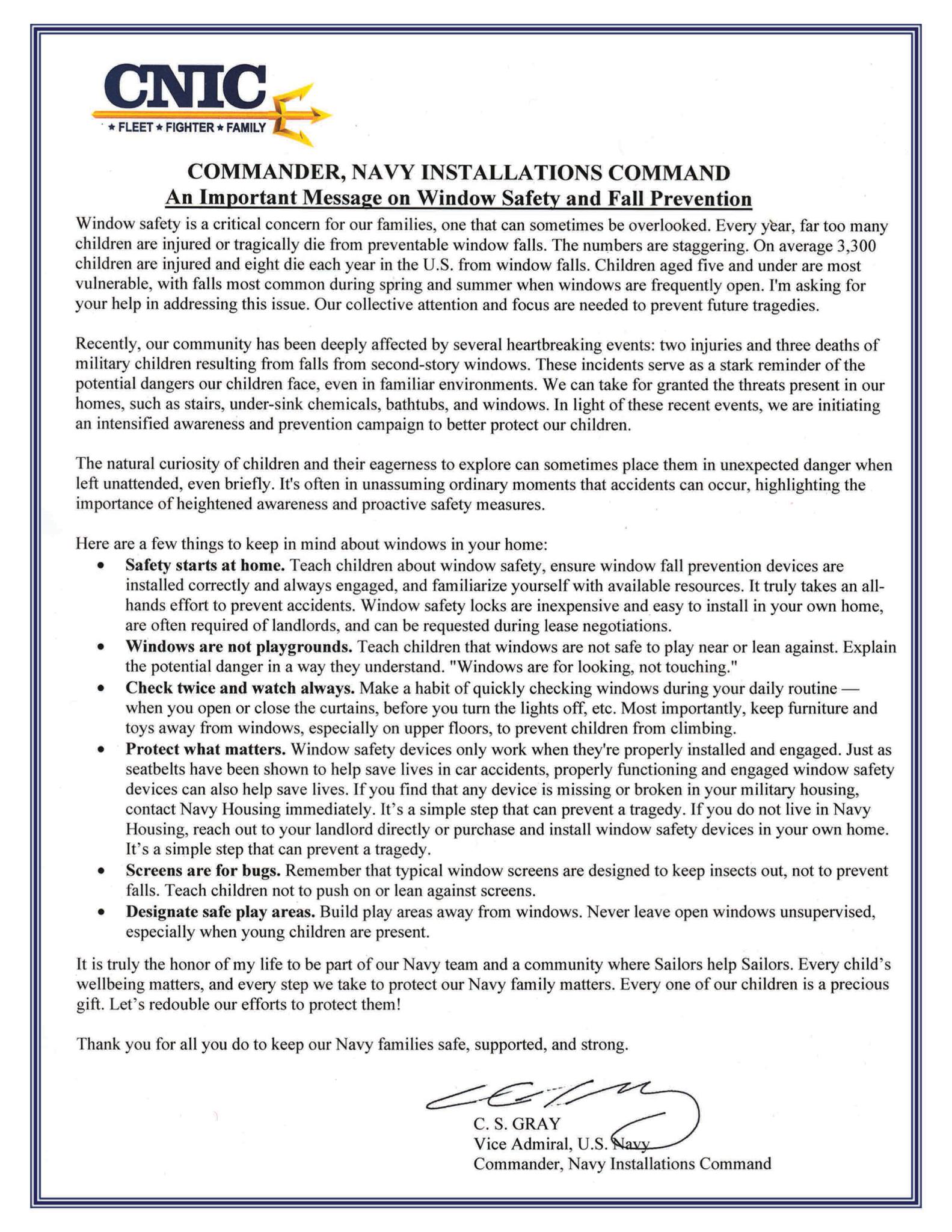 Navy - Window safety saves lives. Vice Adm. Gray, Commander, Navy ...