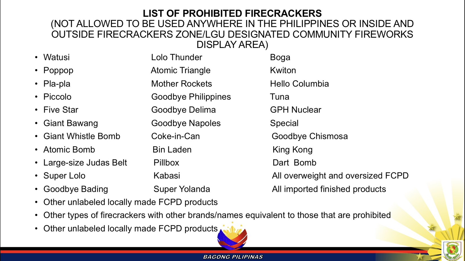 CSG - List of Prohibited Firecrackers under RA 7183 and its IRR | Facebook