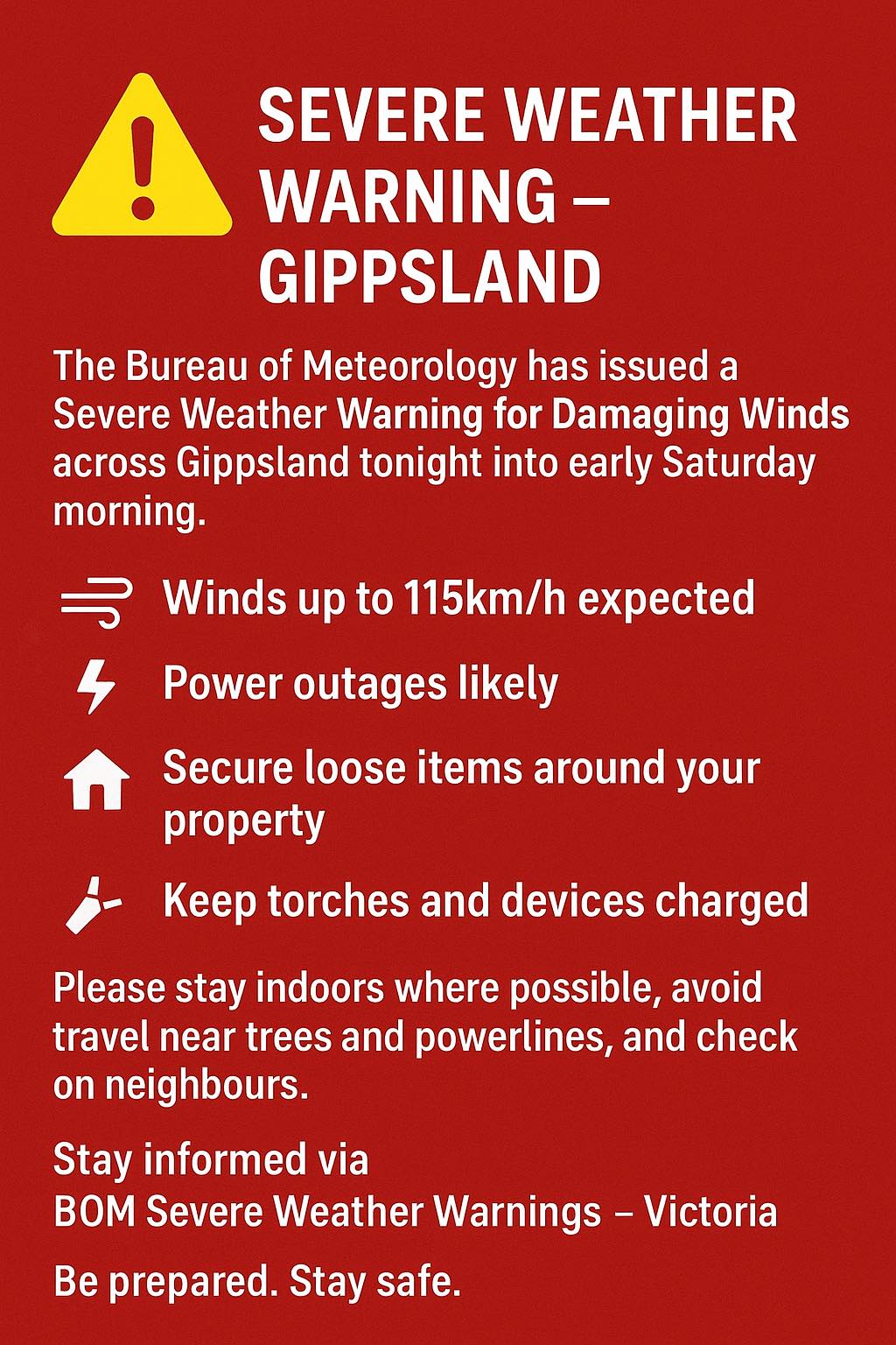Longwarry - ⚠️ SEVERE WEATHER WARNING ⚠️ The Bureau of Meteorology has ...