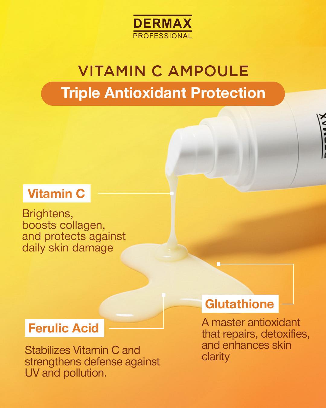 dermax glow glutathione Introducing DermaxPro Vitamin C Ampoule—a high-potency brightening treatment powered by 13.5% pure L-Ascorbic Acid and expertly enhanced with Glutathione, Ferulic Acid, Panthenol, Beta-Glucan, and Hyaluronic Acid for maximum radiance with minimal buy topical ghk-cu serum