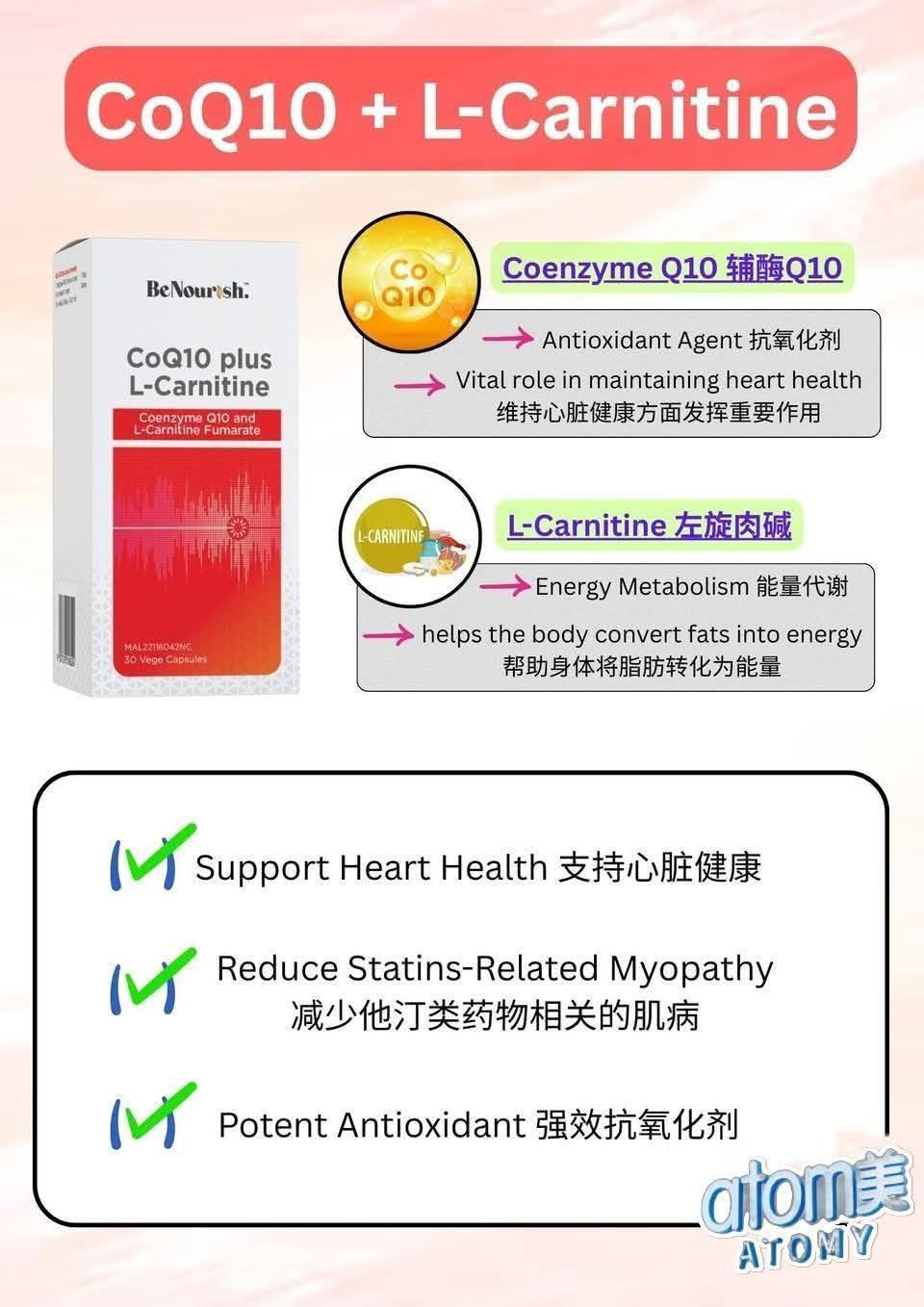 l carnitine 作用 AZAmall与BeNourish强强联手😍 🎀CoQ10 plus L-Carnitine🎀 https://atomy.page/SmtuFIuu 辅酶Q10，人体的必需营养素！ 1. 核心功能： 心脏含量最高，随年龄增长合成减少，需外源补充； 参与细胞能量产生，保护线粒体功能，清除自由基延缓衰老。 2. 健康作用： 心血管 Container:Bulk Vitamin B12 10 x حبوب للوجه المشرق