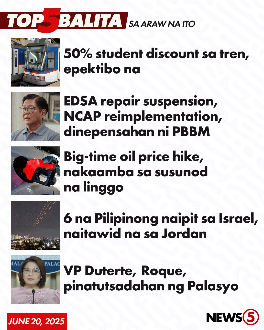 News5 - #Top5Balita | JUNE 20, 2025 • Ipinatupad na kasi... | Facebook