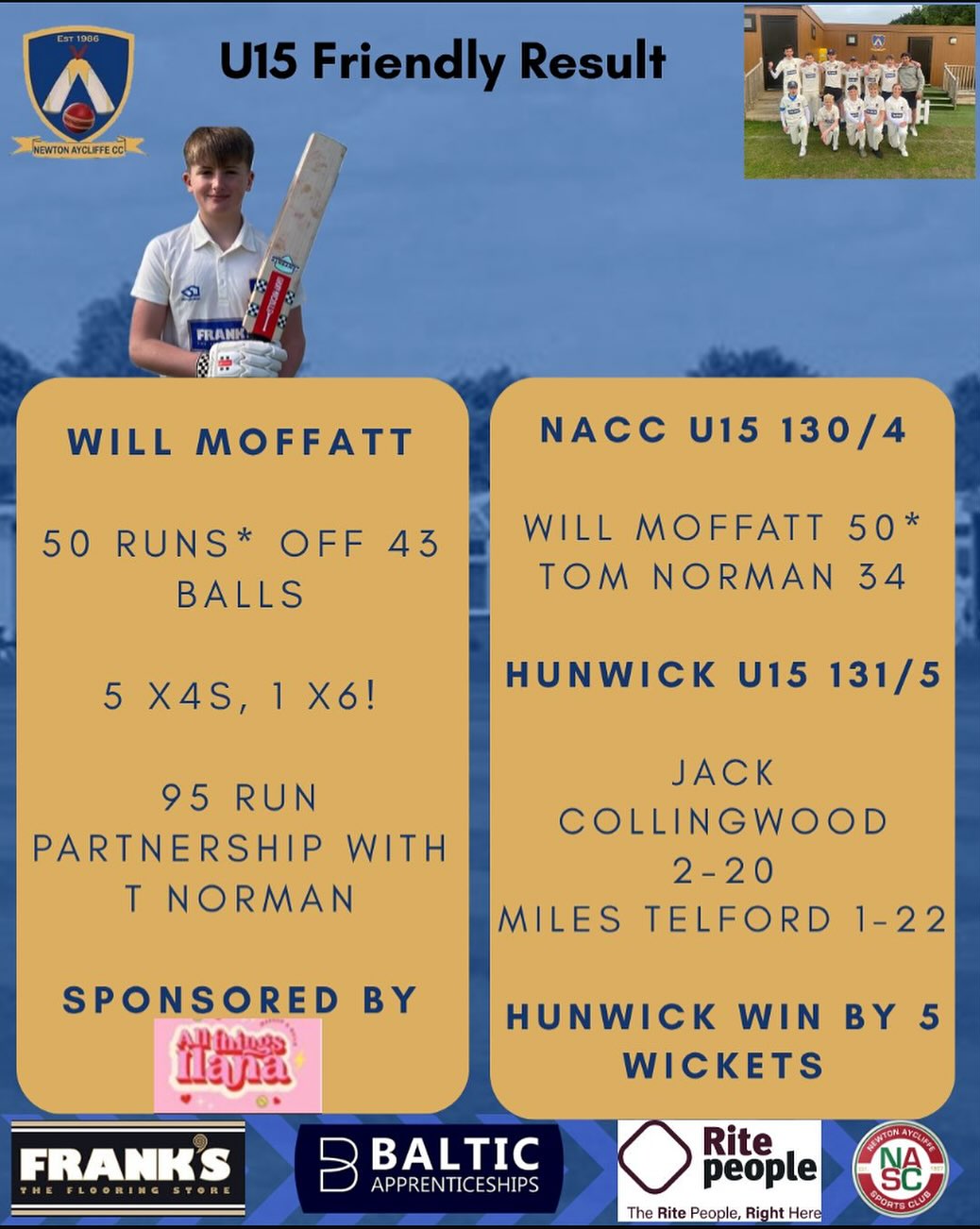 Newton - Under 15s friendly vs Hunwick 🏏 Newton Aycliffe travelled to ...
