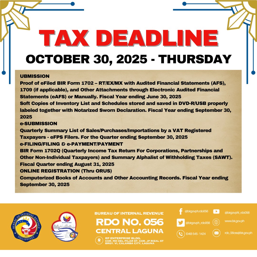 BIR Tax Deadline October 30, 2025 Thursday SUBMISSION Proof of eFiled ...