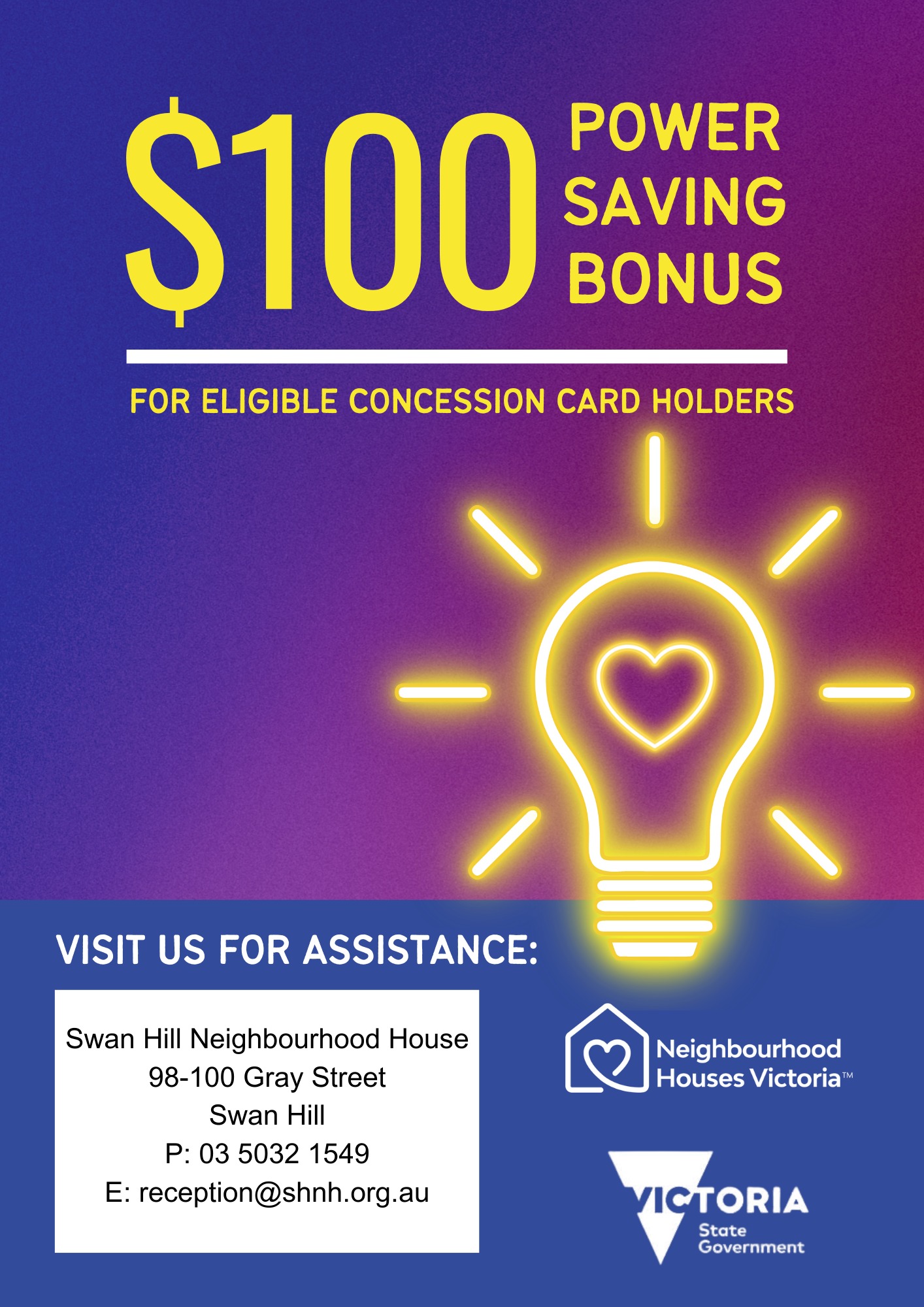 The new $100 Power Saving... - Swan Hill Neighbourhood House | Facebook