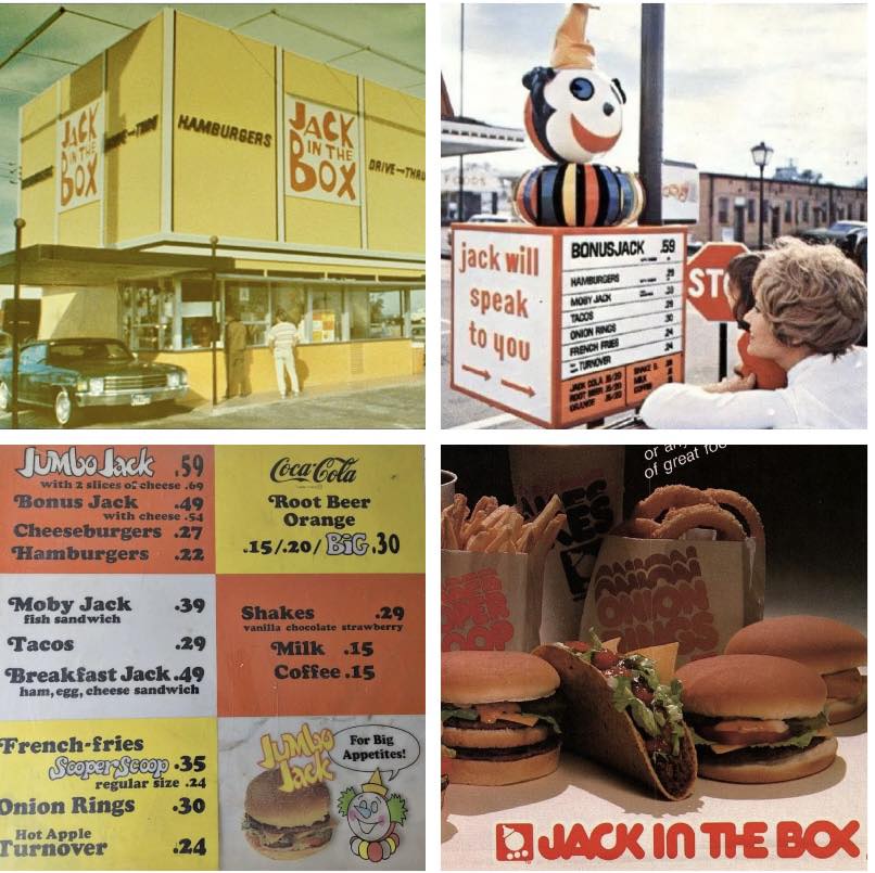 Jack In The Box menu in the 1970's! Three burgers, a fish sandwich