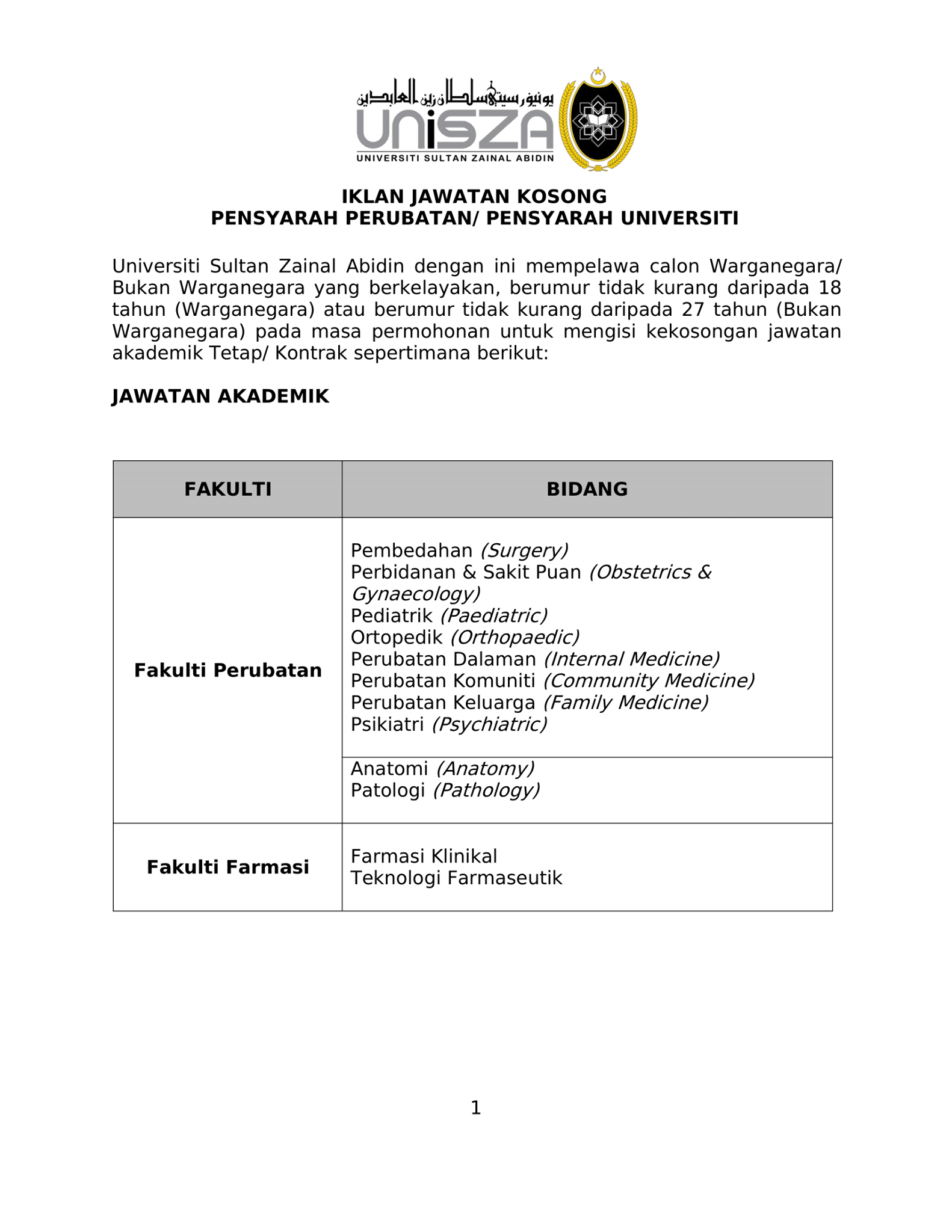 Iklan Fakulti Farmasi Universiti Sultan Zainal Abidin Facebook