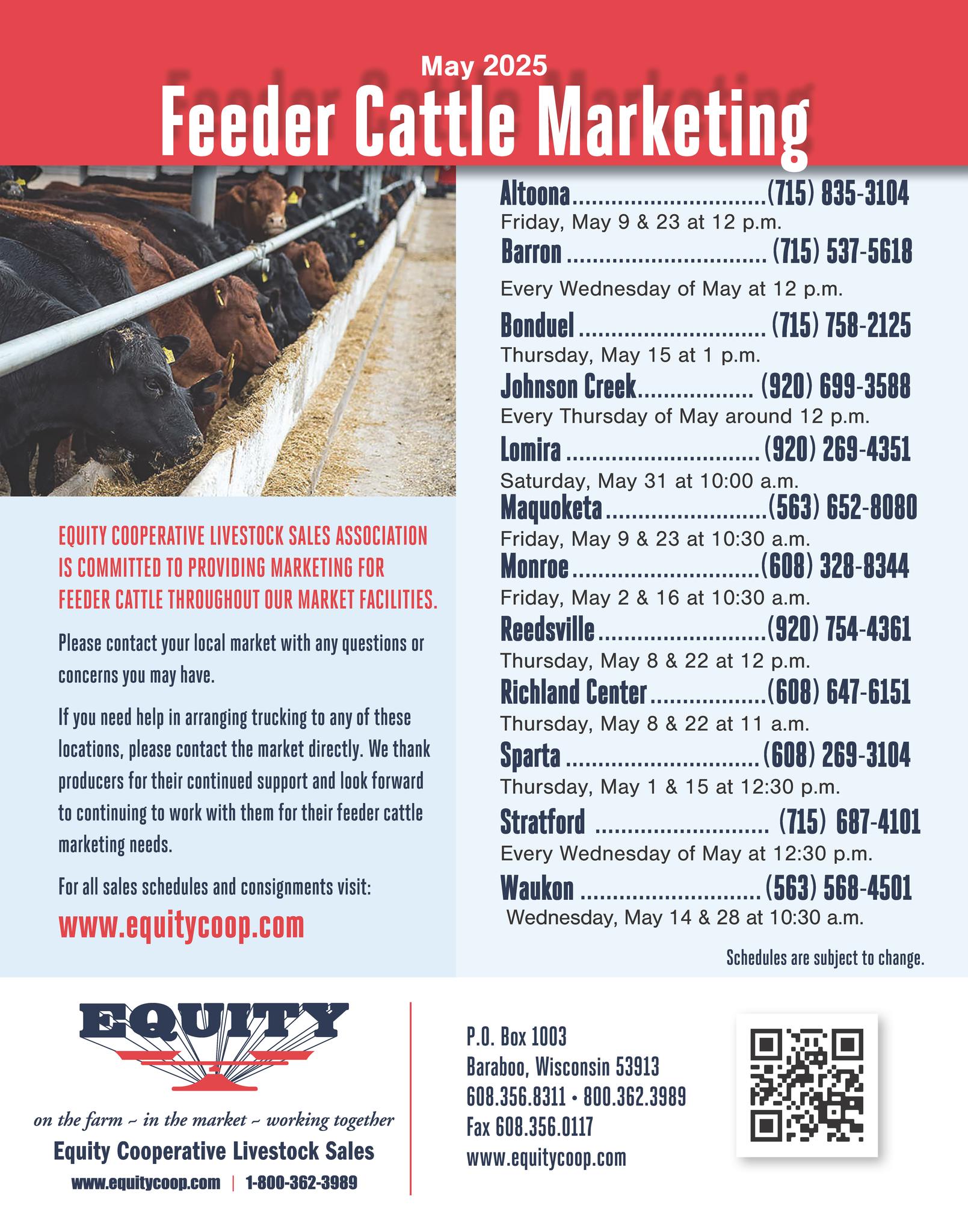 Equity - May 2025 Feeder Cattle Schedule. Contact your local market for