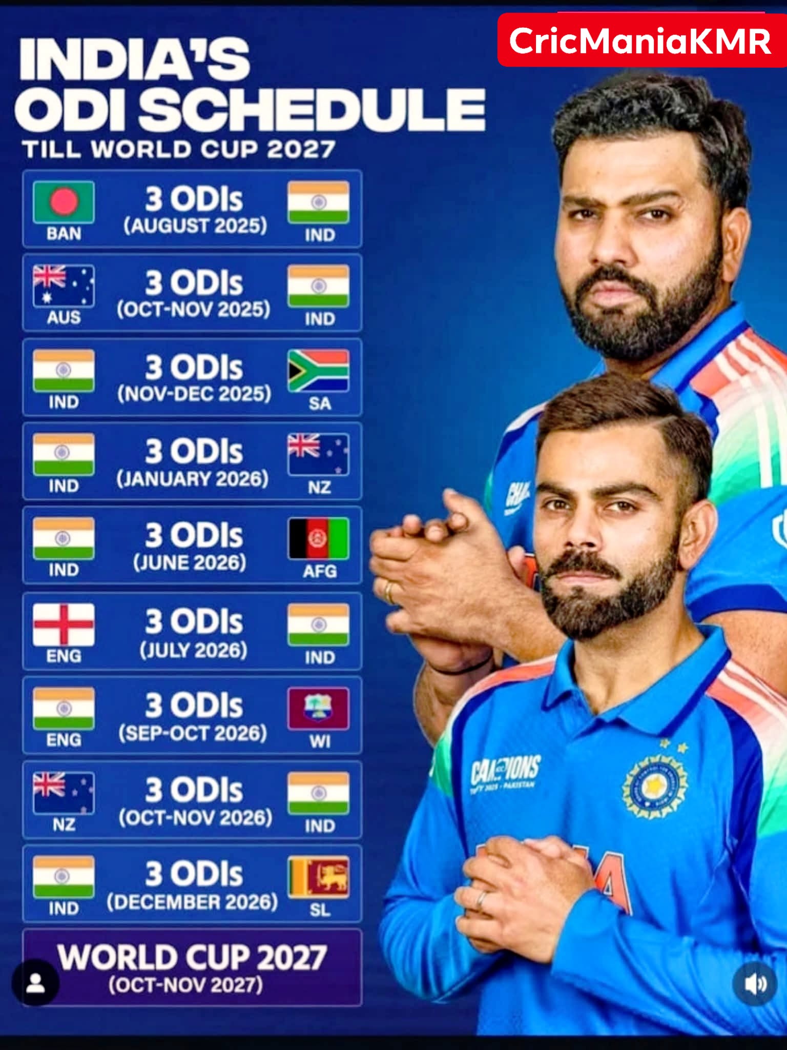 CricMania - Team India's Schedule for ODI matches till CWC2027 Virat ...