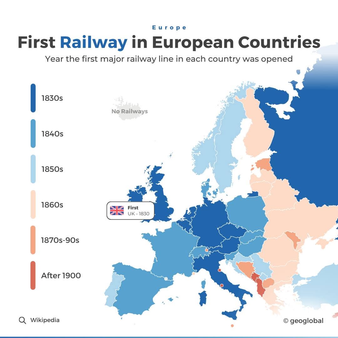 Brilliant - Decade Of First Passenger Railway Line In Each European ...