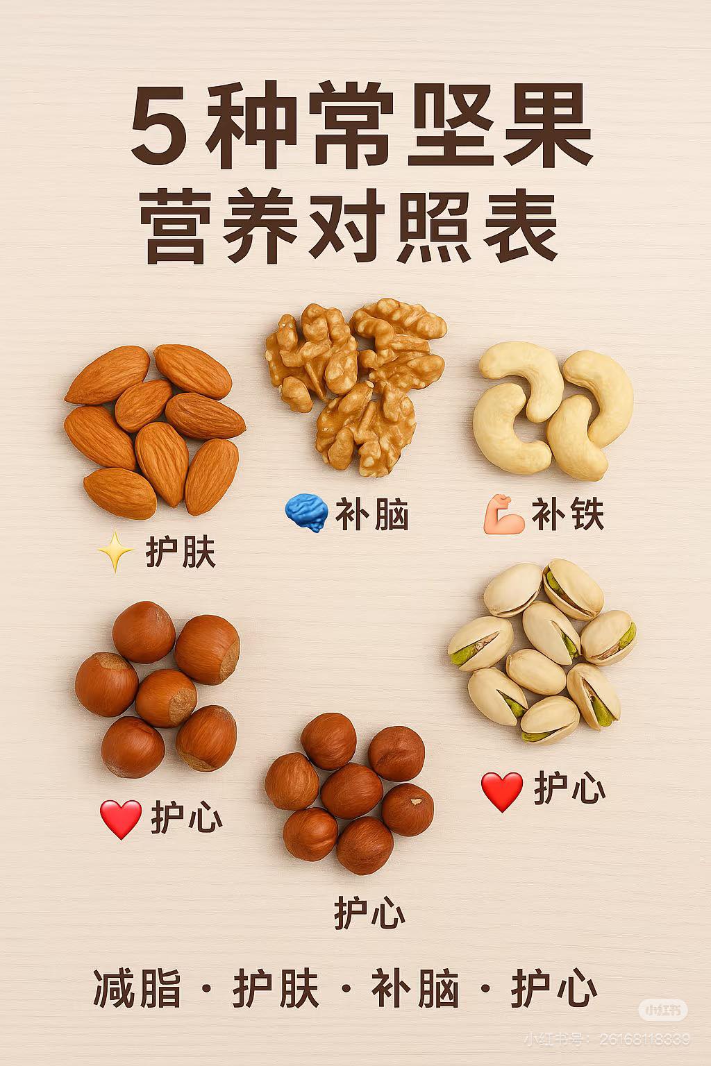 使用坚果 5种坚果营养对照表，一看就懂。 》 姐妹们～别再只知道“坚果很健康”啦
