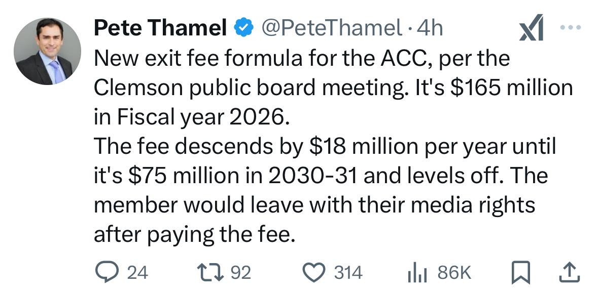 Second Take - The ACC exit fee formula is now know. $165... | Facebook