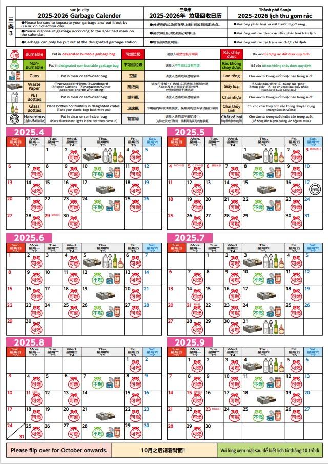 Sanjo City has prepared multilingual garbage calendars (ごみ