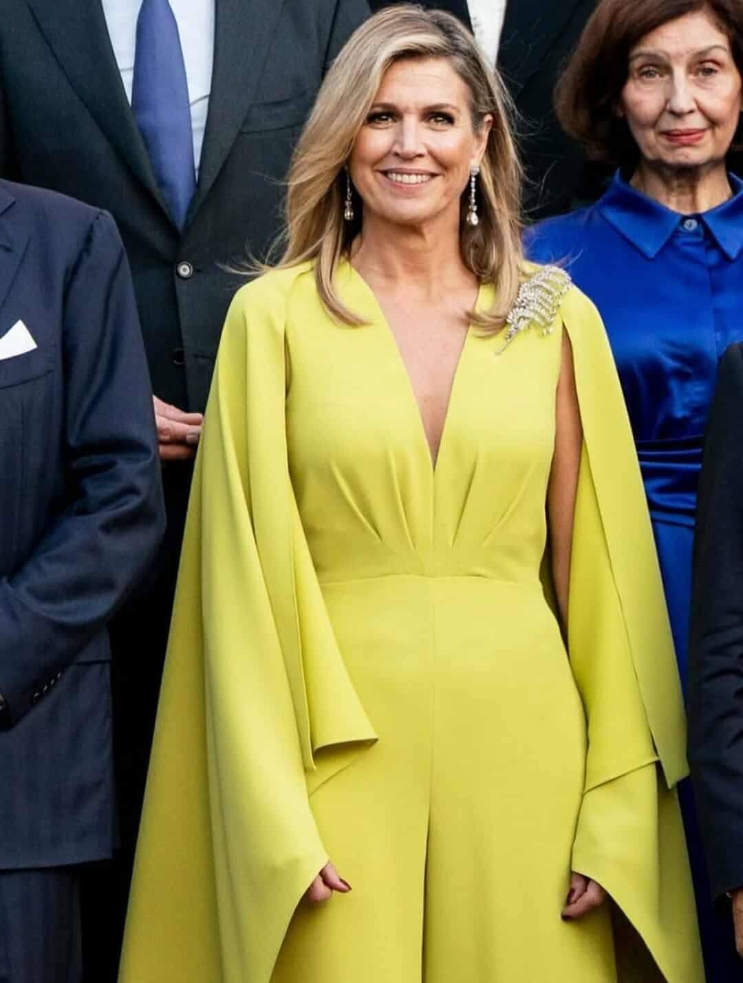 lady in yellow dress at nato summit 2025 June 24, Queen Maxima of the Netherlands reception The Hague Collection_CUT OUT GOWN
