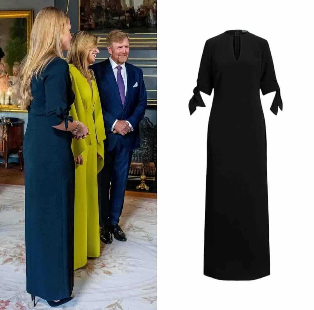 lady in yellow dress at nato summit 2025 June 24, Princess Amalia of the Netherlands reception The Hague, wore: Polo Ralph Lauren Tie-Detail Cocktail Dress; AQUAZZURA Deneuve Bow Pointy Toe Pump in Black mirrors