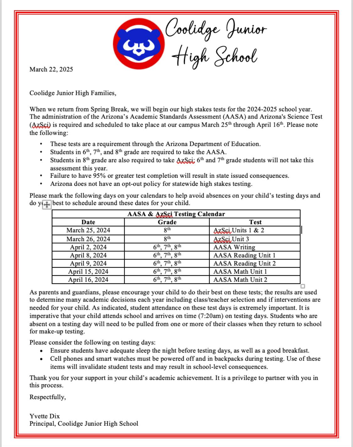 Coolidge - CJHS state testing starts next week and the letter below was ...