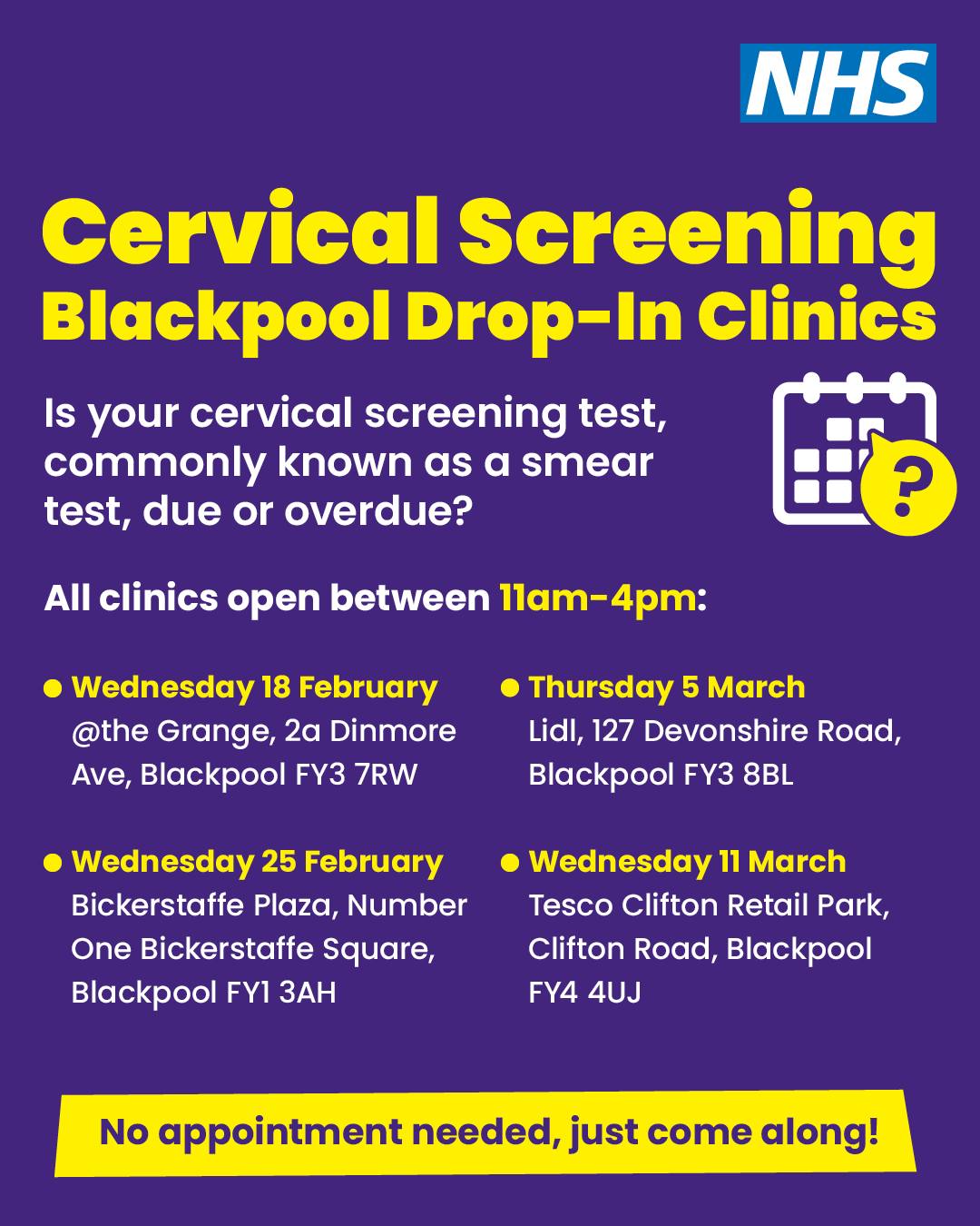 CERVICAL SCREENING DROP-IN CLINICS •... - Blackpool Council | Facebook