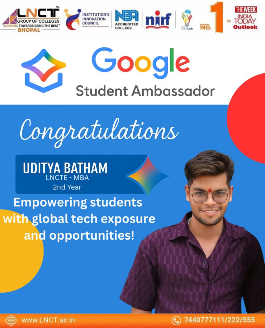 LNCT MBA Bhopal - Congratulations 👏🎉 Mr Uditya Batham for... | Facebook