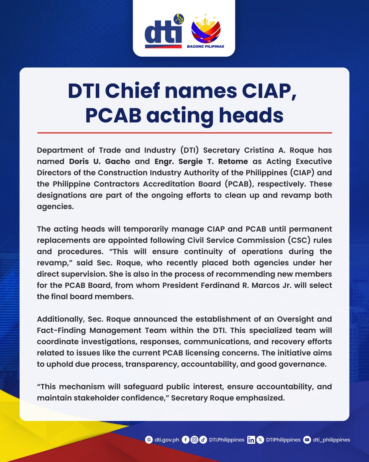 DTI - READ | DTI Chief names CIAP, PCAB acting heads Department of ...