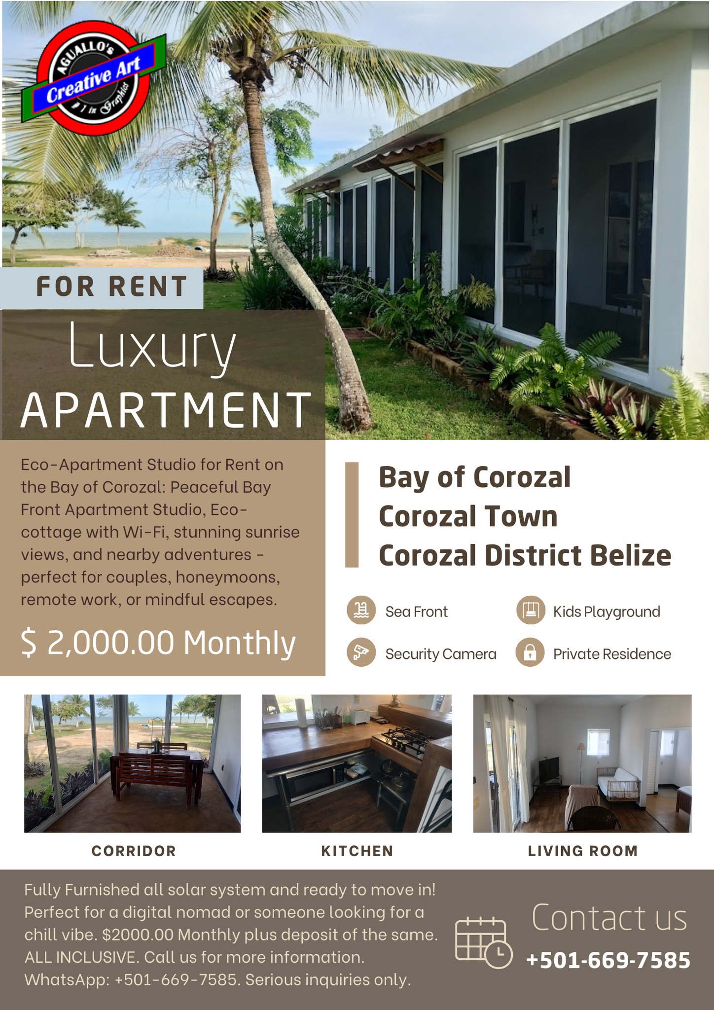 Luxury Eco-Apartment Studio for Rent on the Bay of Corozal