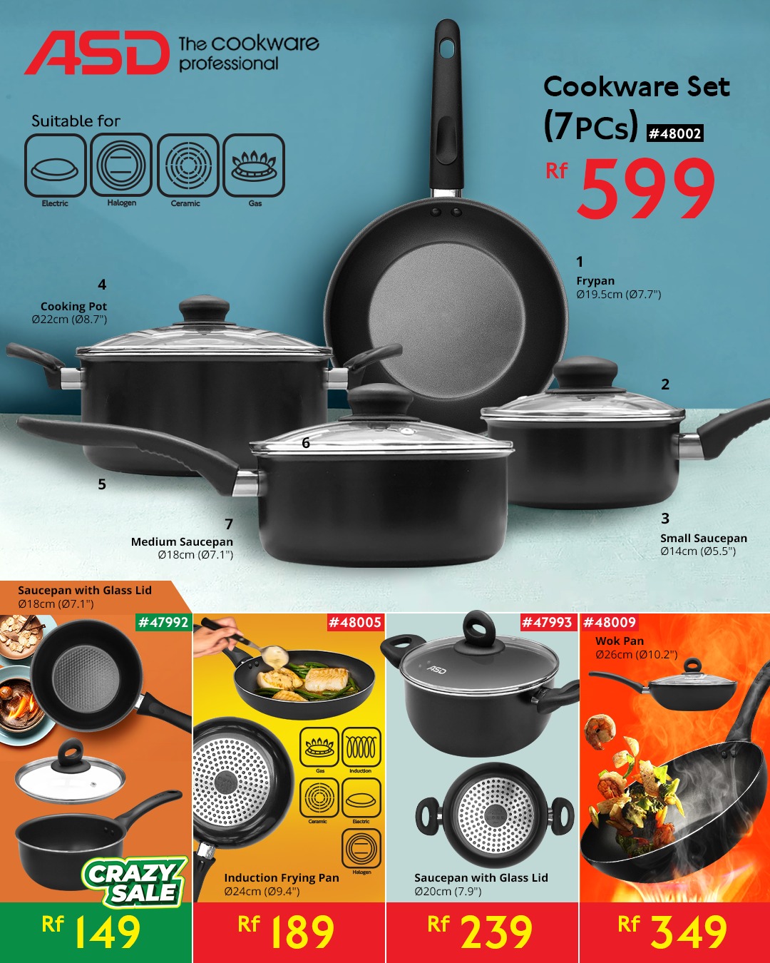 Asters - 7 pcs ASD non-stick cookware set for Rf 599.... | Facebook