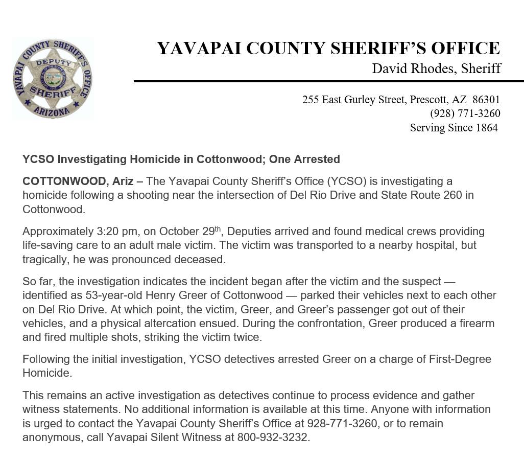 Yavapai - 𝐘𝐂𝐒𝐎 𝐈𝐍𝐕𝐄𝐒𝐓𝐈𝐆𝐀𝐓𝐈𝐍𝐆 𝐇𝐎𝐌𝐈𝐂𝐈𝐃𝐄 𝐈𝐍 𝐂𝐎𝐓𝐓𝐎𝐍𝐖𝐎𝐎𝐃; 𝐎𝐍𝐄 𝐀𝐑𝐑𝐄𝐒𝐓𝐄𝐃 ...