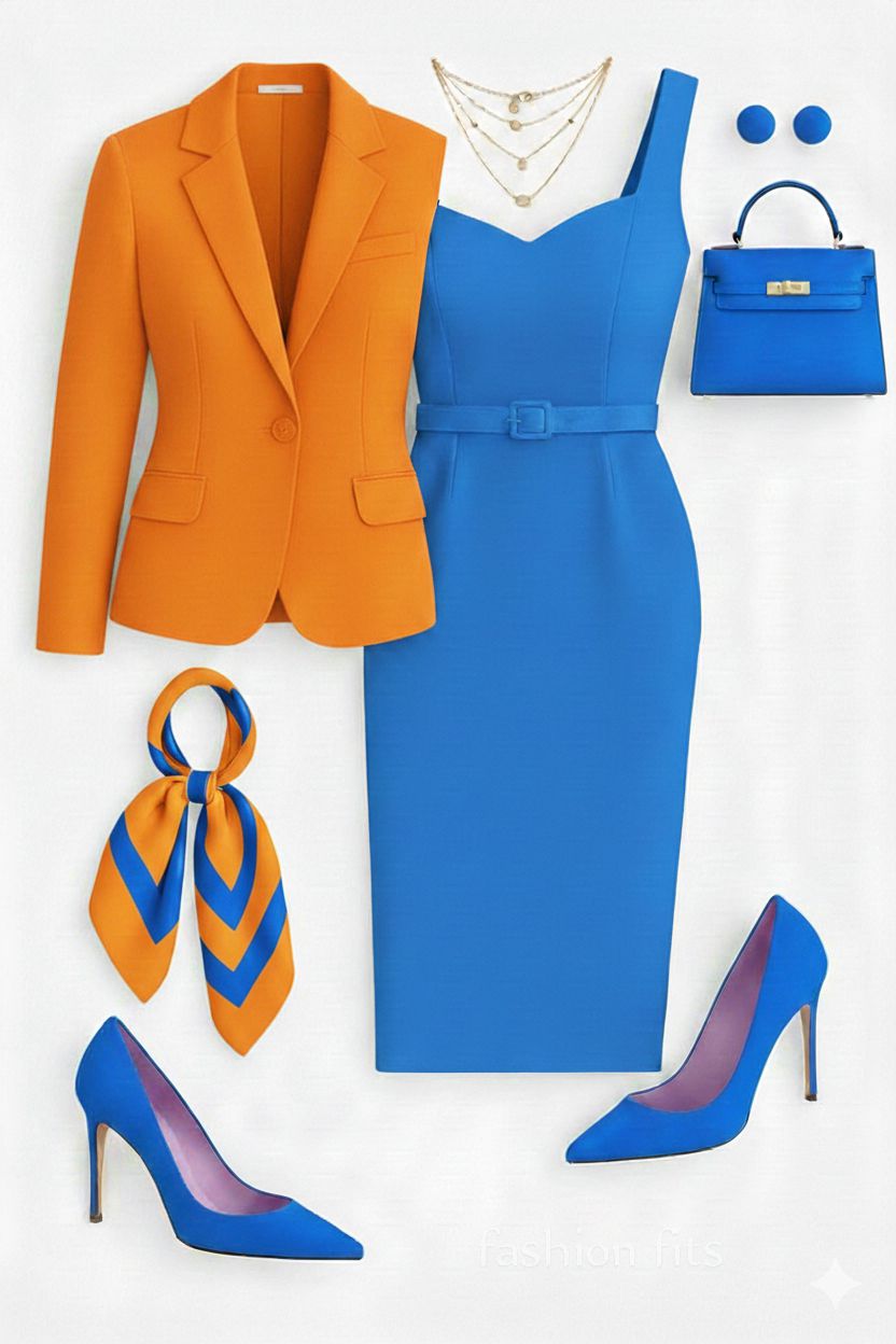 Burnt orange with navy tailoring and rich brown leather is confident, modern, and eye-catching 🧡💙🤎