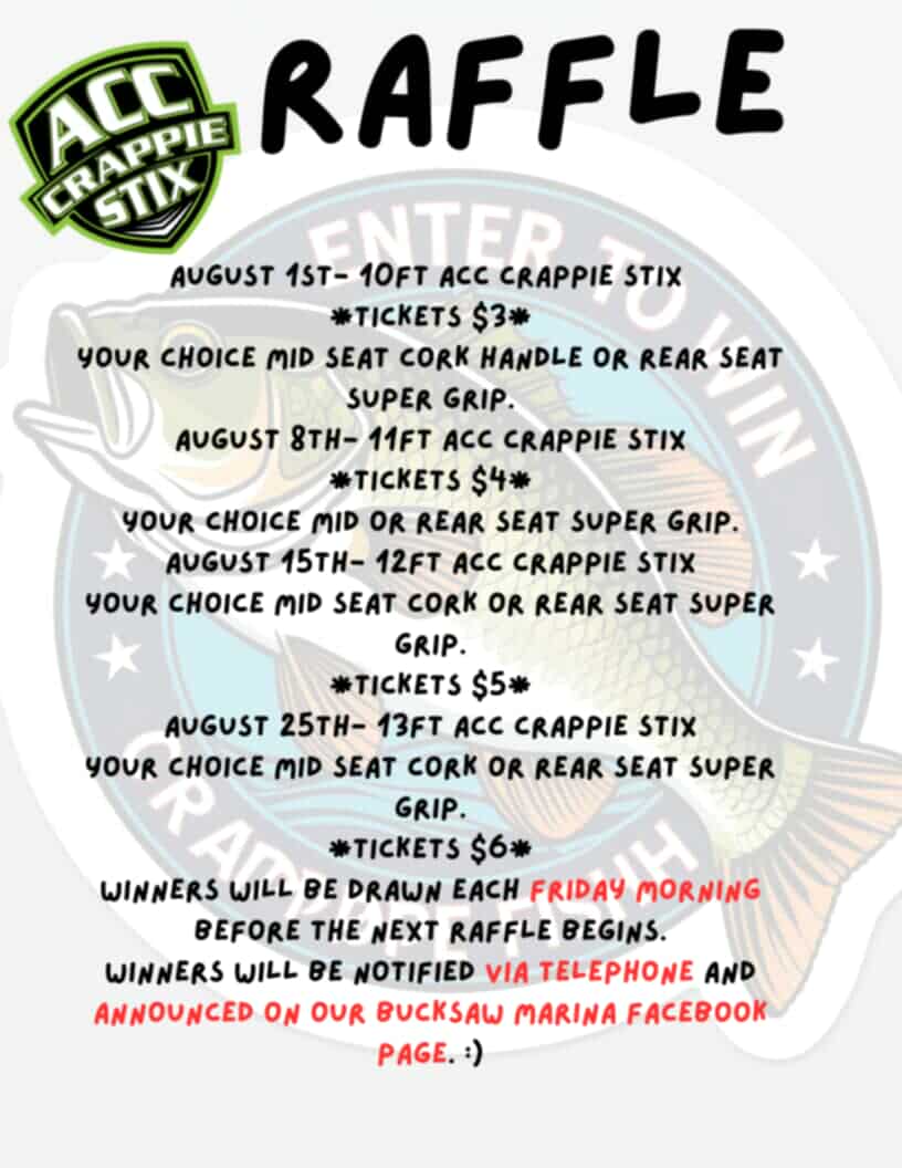 The marina is having a four-week ACC crappie stick raffle, meaning each ...