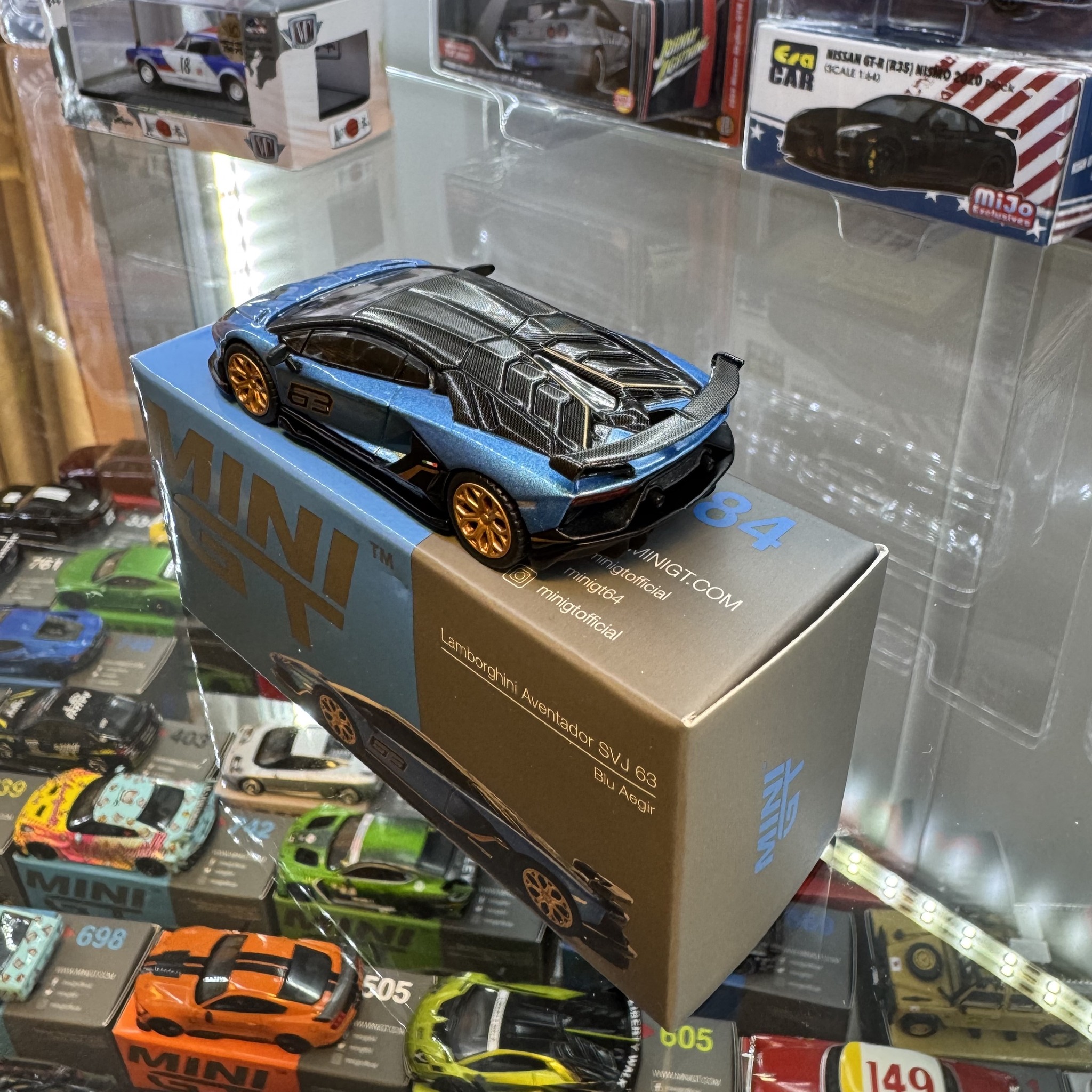Mini GT 1/64 Scale Lamborghini Aventador SVJ 63 Diecast Model Car - Blu Aegir Color, Limited Edition