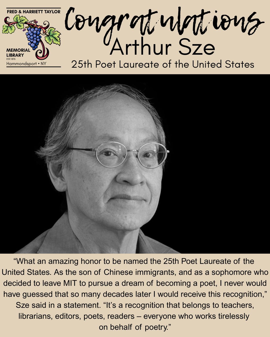 Fred - Arthur Sze was named the 25th U.S. Poet Laureate by the Library ...