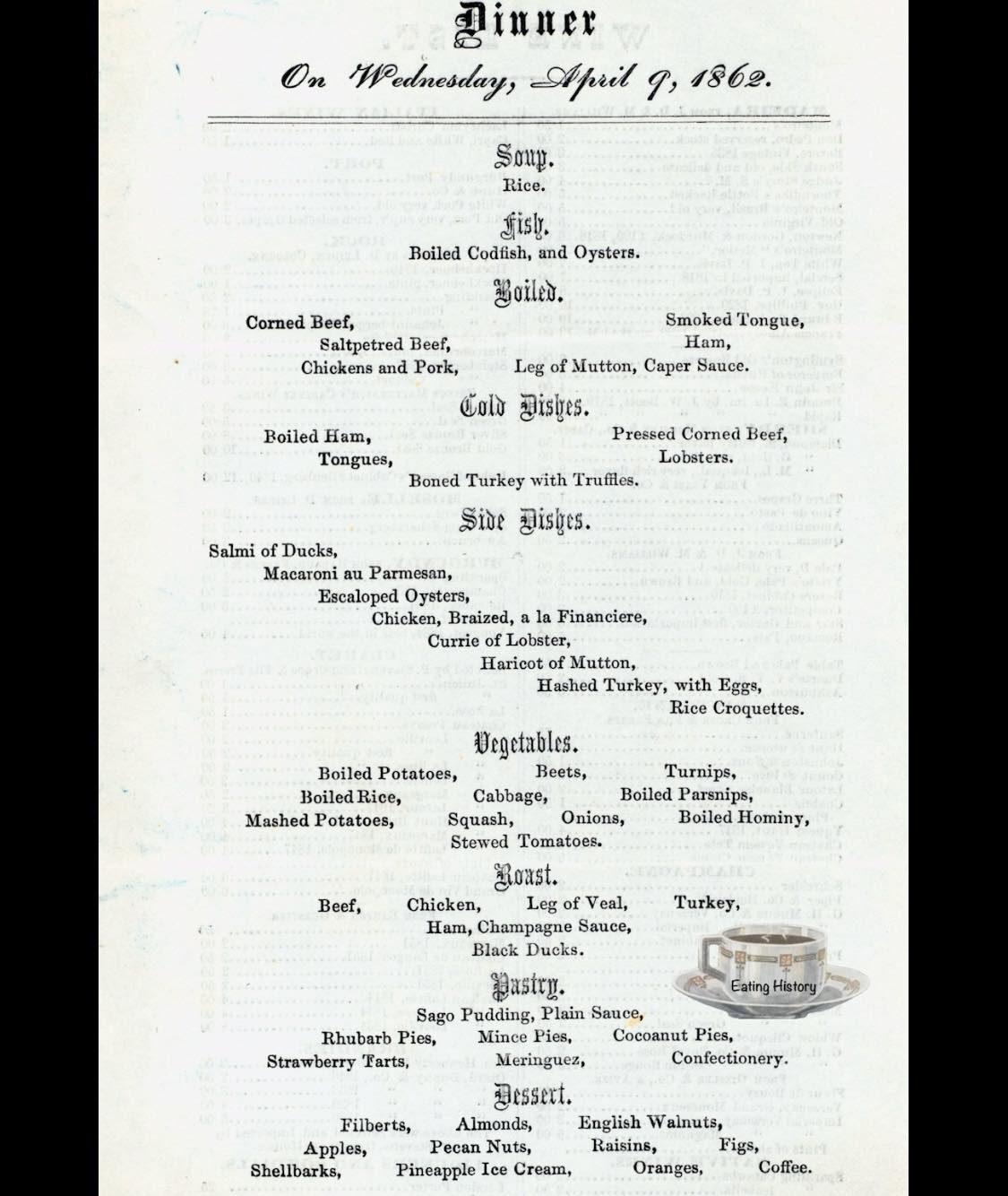Eating - Menu from the Revere House. Boston, Massachusetts in 1862 ...