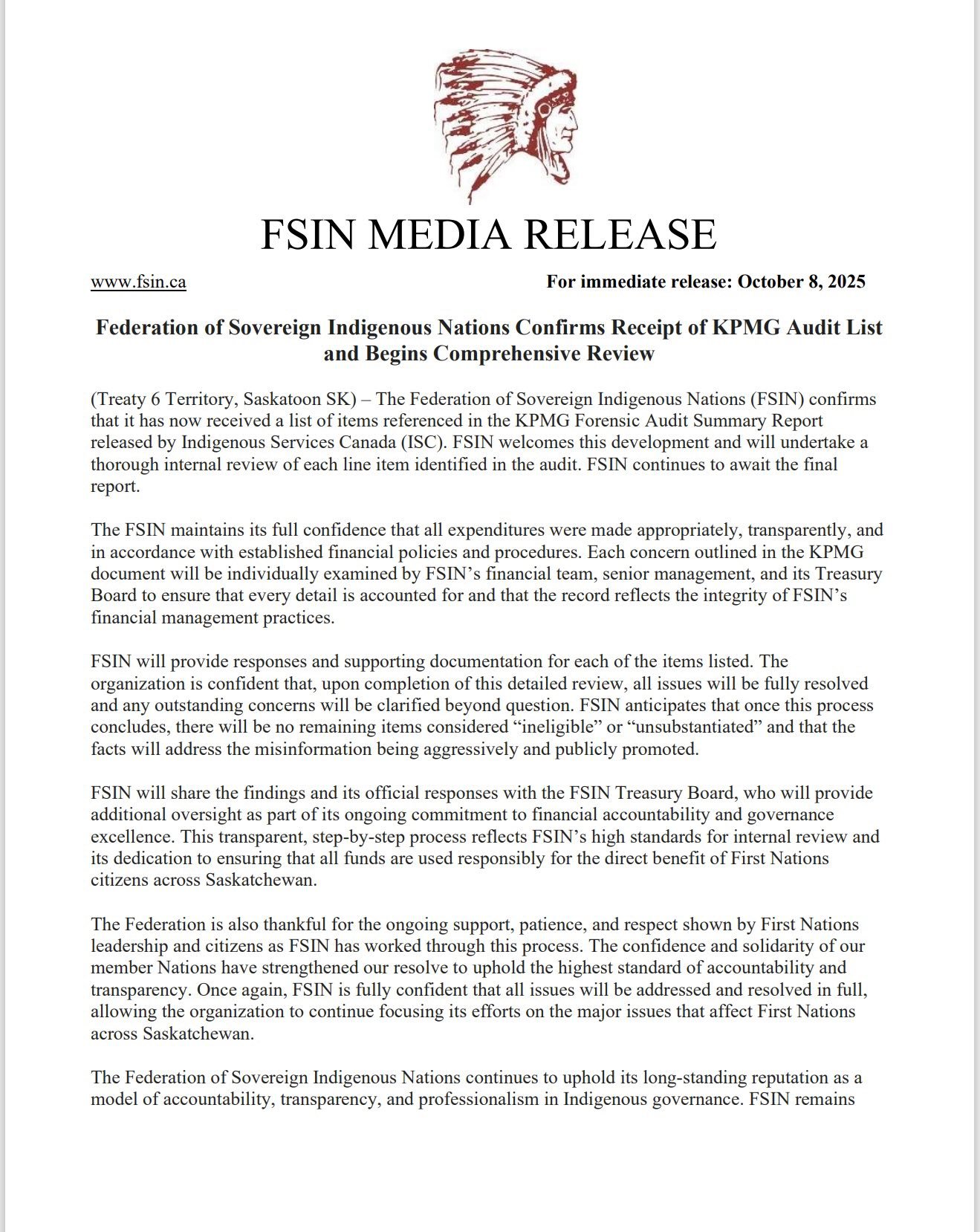October... - Federation of Sovereign Indigenous Nations - FSIN | Facebook