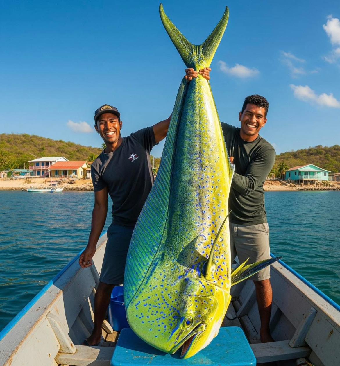 Just landed a monster dolphin fish (mahi-mahi) — over 75 lbs