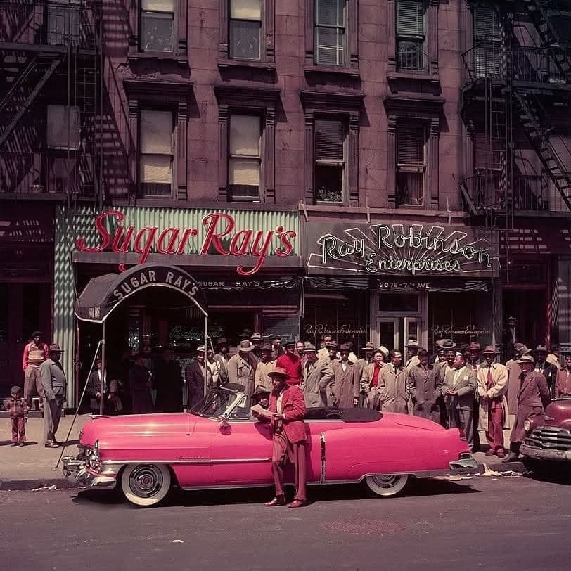 I'm - Boxer Sugar Ray Robinson leaning on his 1950 pink Cadillac ...