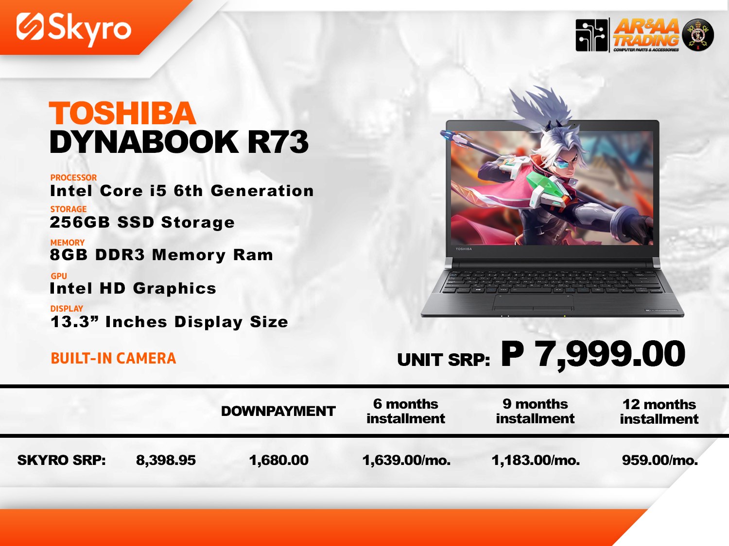 💻 LAPTOP TOSHIBA R73 – INTEL CORE i5 6TH GEN | 8GB RAM | 256GB
