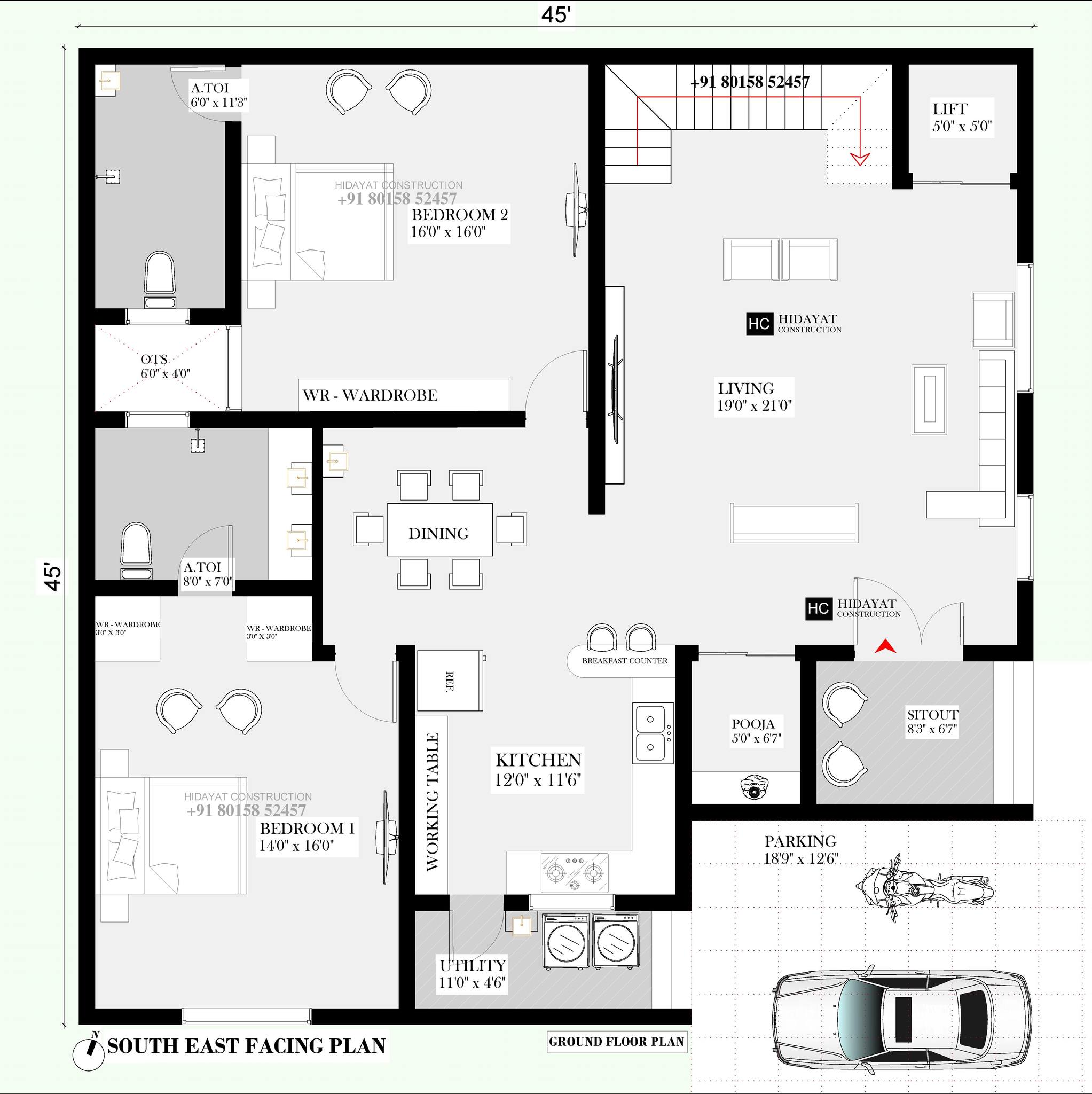 45x45 South East Facing Plan DM for more info.. #floorplan . . #hidayatconstruction | #modernhouse | #houseplan | #homedesign | #housedesign | #architect