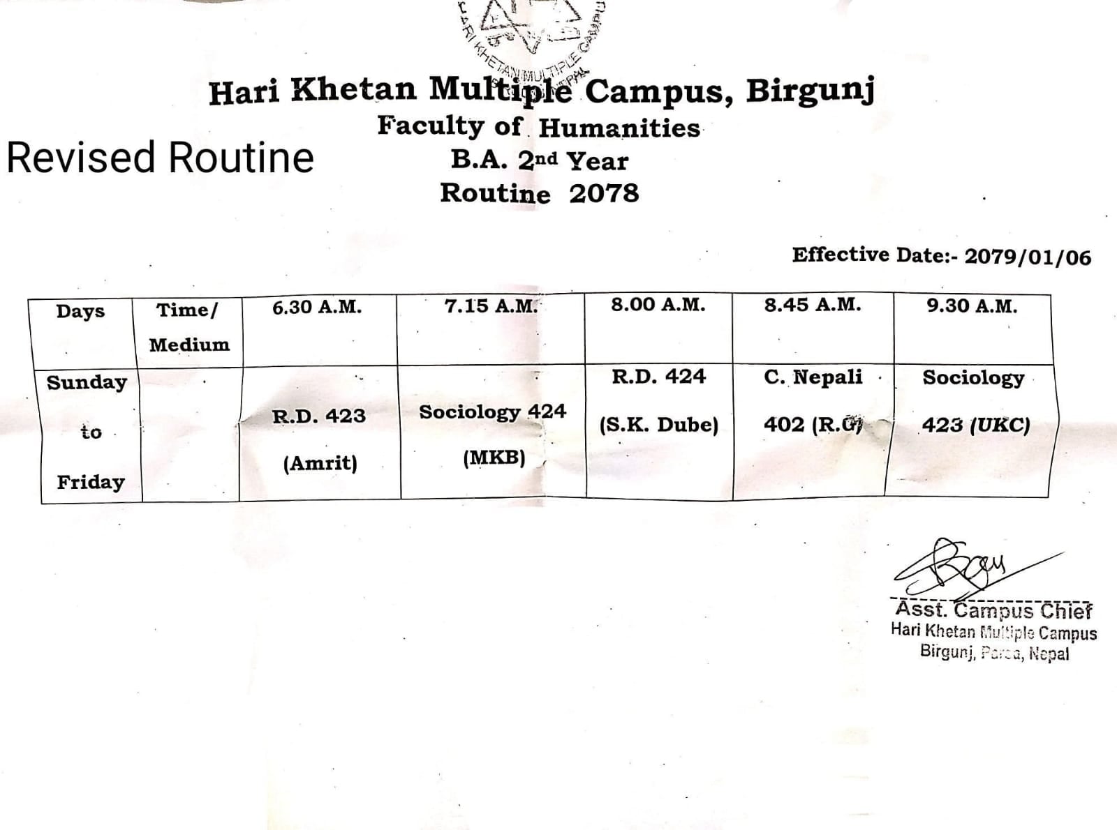 HKMC Revised Routine for 4th... - Hari Khetan Multiple Campus