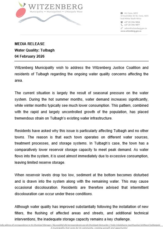 MEDIA RELEASE: Water... - Witzenberg Municipality - Official | Facebook